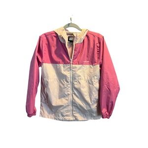 Lands End Womens XL 16 Windbreaker Jacket Pink Colorblock Hooded Full Zip